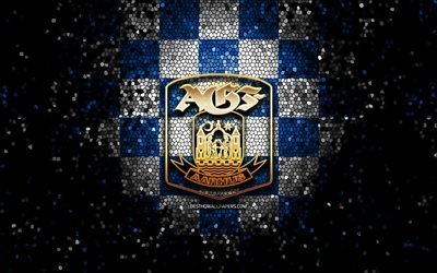 Aarhus FC, glitter logo, Danish Superliga, blue white checkered background, soccer, danish football club, Aarhus logo, mosaic art, football, Aarhus GF