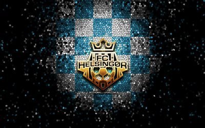 HelsingorFC, logo paillet&#233;, Superliga danoise, fond &#224; carreaux blanc bleu, football, club de football danois, logo Helsingor, art mosa&#239;que, FC Helsingor