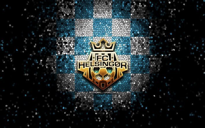 HelsingorFC, glitter-logo, Tanskan Superliga, sinivalkoinen tammettu tausta, jalkapallo, tanskalainen jalkapalloseura, Helsingor-logo, mosaiikkitaide, FC Helsingor