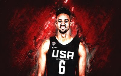 Derrick White, USA national basketball team, USA, American basketball player, portrait, United States Basketball team, red stone background