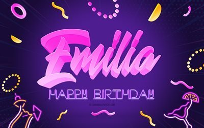 Joyeux anniversaire Emilia, 4k, Purple Party Background, Emilia, art cr&#233;atif, Emilia nom, Emilia Birthday, Birthday Party Background