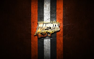 buffalo bandits, logotipo dourado, nll, laranja metal de fundo, time americano de lacrosse, buffalo bandits logo, liga nacional de lacrosse, lacrosse