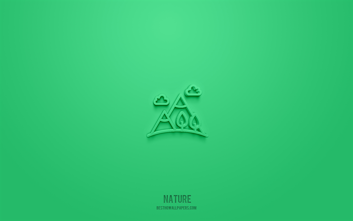 طبيعة 3d icon, خلفية خضراء, رموز ثلاثية الأبعاد, طبيعة, أيقونات البيئة, أيقونات ثلاثية الأبعاد, علامة الطبيعة, علم البيئة 3d الرموز