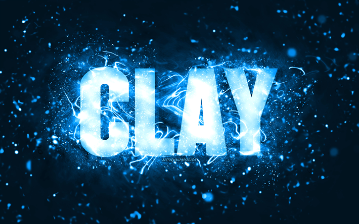 joyeux anniversaire clay, 4k, bleu n&#233;on, clay nom, cr&#233;atif, clay joyeux anniversaire, clay anniversaire, les noms masculins am&#233;ricains populaires, photo avec clay nom, clay