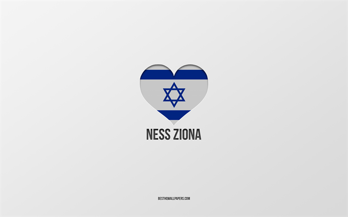 i love ness ziona, citt&#224; israeliane, day of ness ziona, sfondo grigio, ness ziona, israele, cuore bandiera israeliana, citt&#224; preferite, love ness ziona