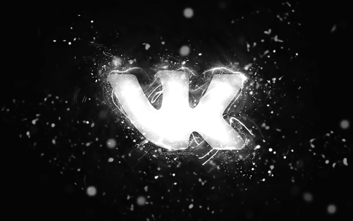 vkontakte logo bianco, 4k, luci al neon bianche, creativo, sfondo astratto nero, logo vkontakte, social network, vkontakte