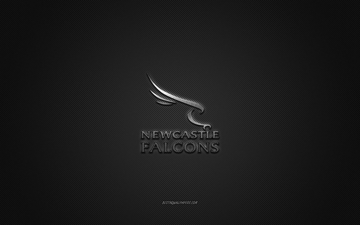 newcastle falcons, englischer rugby-club, premiership rugby, silbernes logo, grauer kohlefaserhintergrund, rugby, newcastle, england, logo der newcastle falcons