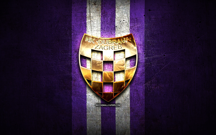 dubrava zagreb fc, kultainen logo, hnl, violetti metalli tausta, jalkapallo, kroatialainen jalkapalloseura, dubrava zagreb logo, nk dubrava zagreb