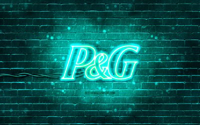 Procter and Gamble turquoise logo, 4k, turquoise brickwall, Procter and Gamble logo, brands, Procter and Gamble neon logo, Procter and Gamble