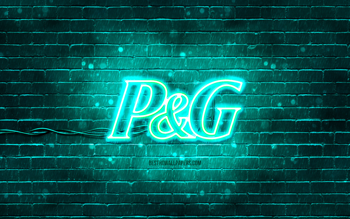 Procter and Gamble turquoise logo, 4k, turquoise brickwall, Procter and Gamble logo, brands, Procter and Gamble neon logo, Procter and Gamble