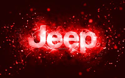 Jeep red logo, 4k, red neon lights, creative, red abstract background, Jeep logo, cars brands, Jeep