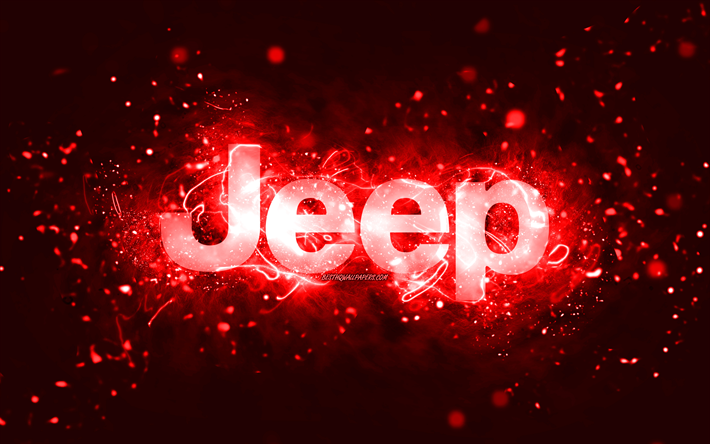 ジープレッドのロゴ, 4k, 赤いネオンライト, クリエイティブ, 赤い抽象的な背景, ジープのロゴ, 車のブランド, ジープ