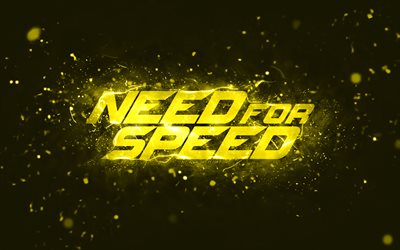 need for speed ​​logo giallo, 4k, nfs, luci al neon gialle, creativo, sfondo giallo astratto, logo need for speed, logo nfs, need for speed
