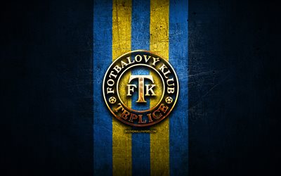 Teplice FC, golden logo, Czech First League, blue metal background, football, czech football club, Teplice FC logo, soccer, FK Teplice