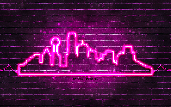 ダラスパープルネオンシルエット, 4k, 紫色のネオンライト, ダラスのスカイラインのシルエット, 紫のレンガの壁, アメリカの都市, ネオンスカイラインのシルエット, 米国, ダラスのシルエット, ダラス