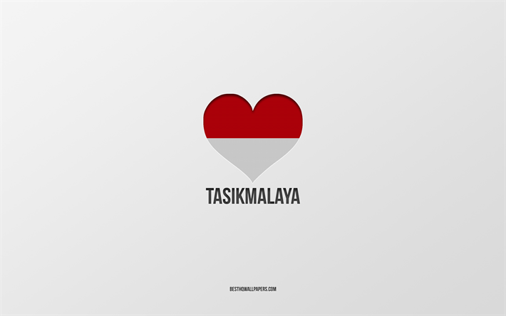 amo tasikmalaya, ciudades de indonesia, d&#237;a de tasikmalaya, fondo gris, tasikmalaya, indonesia, coraz&#243;n de la bandera de indonesia, ciudades favoritas, love tasikmalaya