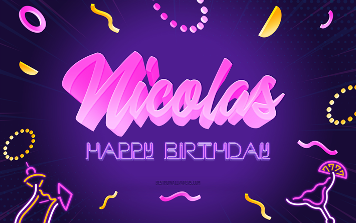Happy Birthday Nicolas, 4k, Purple Party Background, Nicolas, creative art, Happy Nicolas birthday, Nicolas name, Nicolas Birthday, Birthday Party Background