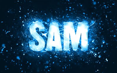 Happy Birthday Sam, 4k, blue neon lights, Sam name, creative, Sam Happy Birthday, Sam Birthday, popular american male names, picture with Sam name, Sam