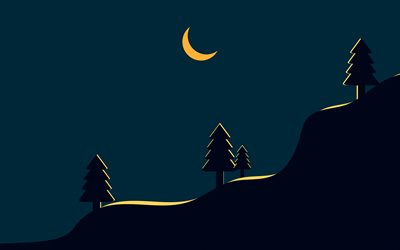 noite, floresta, lua, paisagem noturna, arte minimalista, árvores, noite na floresta