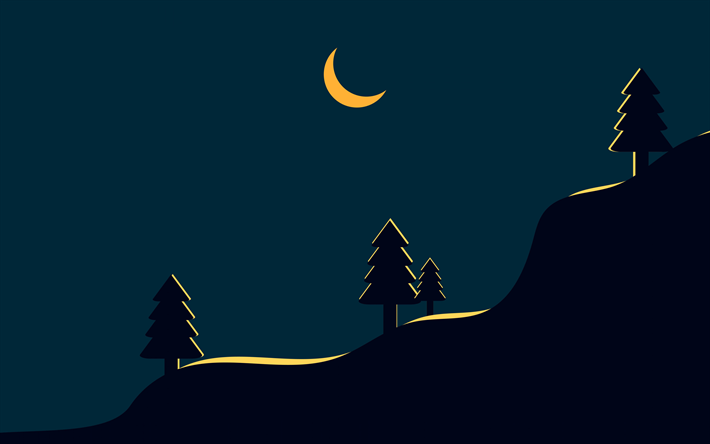 night, forest, moon, night landscape, minimal art, trees, night in the forest