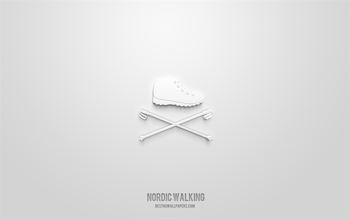 ノルディックウォーキング3dアイコン, 白色の背景, 3dシンボル, ノルディックウォーキング, スポーツアイコン, 3dアイコン, ノルディックウォーキングの看板, スポーツ3dアイコン