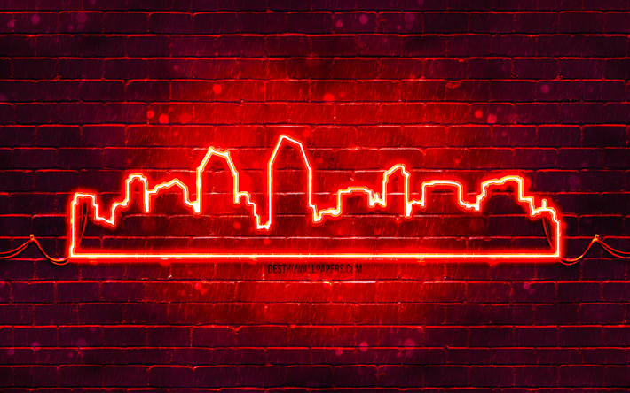 San Diego red neon silhouette, 4k, red neon lights, San Diego skyline silhouette, red brickwall, american cities, neon skyline silhouettes, USA, San Diego silhouette, San Diego