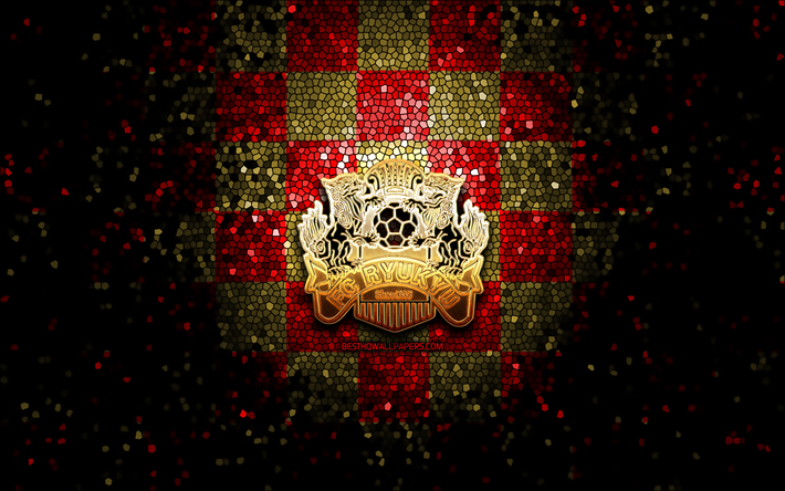 ryukyu fc, logo glitter, j2 league, sfondo a scacchi marrone rosso, calcio, squadra di calcio giapponese, logo fc ryukyu, arte del mosaico, fc ryukyu