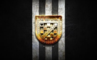 Hrvatski Dragovoljac FC, golden logo, HNL, black metal background, football, croatian football club, Hrvatski Dragovoljac logo, soccer, NK Hrvatski Dragovoljac