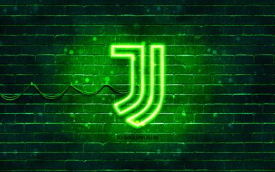 Juventus FC green logo, 4k, green brickwall, Juventus FC logo, brands, Juve, Juventus FC neon logo, Juventus FC, Juventus logo