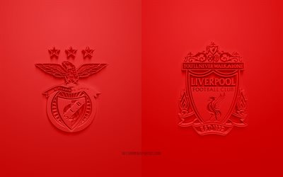 SL Benfica vs Liverpool FC, 2022, UEFA Champions League, Quarterfinals, 3D logos, red background, Champions League, football match, 2022 Champions League, SL Benfica, Liverpool FC
