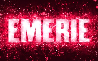 Happy Birthday Emerie, 4k, pink neon lights, Emerie name, creative, Emerie Happy Birthday, Emerie Birthday, popular american female names, picture with Emerie name, Emerie
