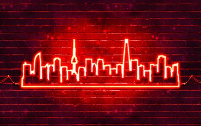 Seoul red neon silhouette, 4k, red neon lights, Seoul skyline silhouette, red brickwall, South Korean cities, neon skyline silhouettes, South Korea, Seoul silhouette, Seoul
