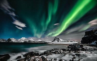 norrsken, fjordar, natt, ljus p&#229; himlen, vinter, bergslandskap, lofoten, norge
