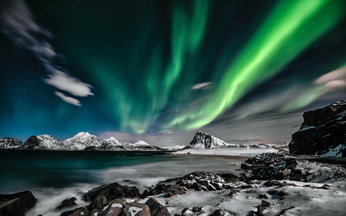aurora boreale, fiordi, notte, luci nel cielo, inverno, paesaggio di montagna, isole lofoten, norvegia
