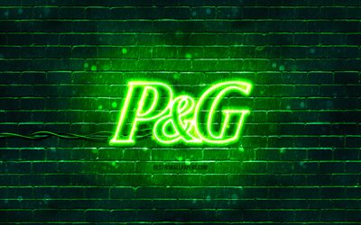 procter and gamble logotipo verde, 4k, tijolo verde, procter and gamble logotipo, marcas, procter and gamble logotipo neon, procter and gamble