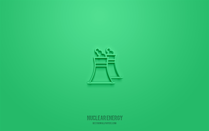 الطاقة النووية رمز 3d, خلفية خضراء, رموز ثلاثية الأبعاد, الطاقة النووية, أيقونات البيئة, أيقونات ثلاثية الأبعاد, علامة الطاقة النووية, علم البيئة 3d الرموز