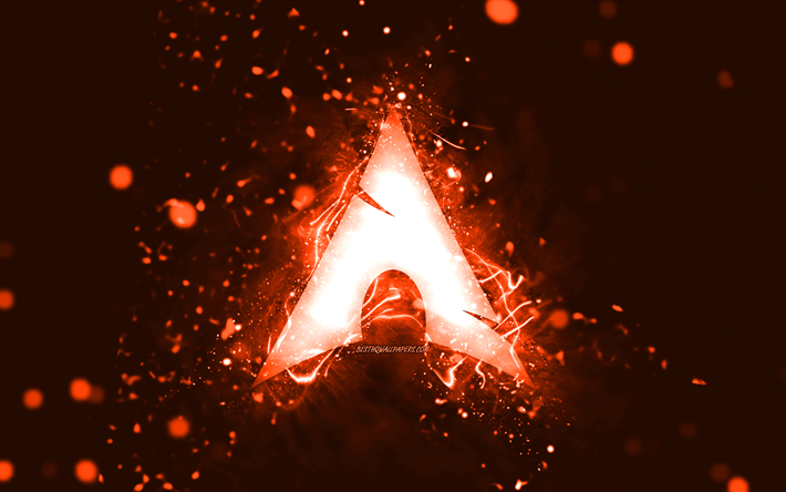 arch linux orange logotyp, 4k, orange neonljus, kreativ, orange abstrakt bakgrund, arch linux logotyp, linux, arch linux