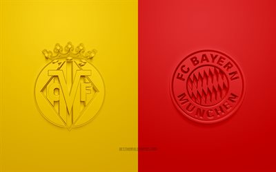 ビジャレアルvsfcバイエルンミュンヘン, 二千二十二, uefaチャンピオンズリーグ, 準々決勝, 3dロゴ, 黄赤色の背景, チャンピオンズリーグ, サッカーの試合, 2022チャンピオンズリーグ, ビジャレアルcf, fcバイエルンミュンヘン