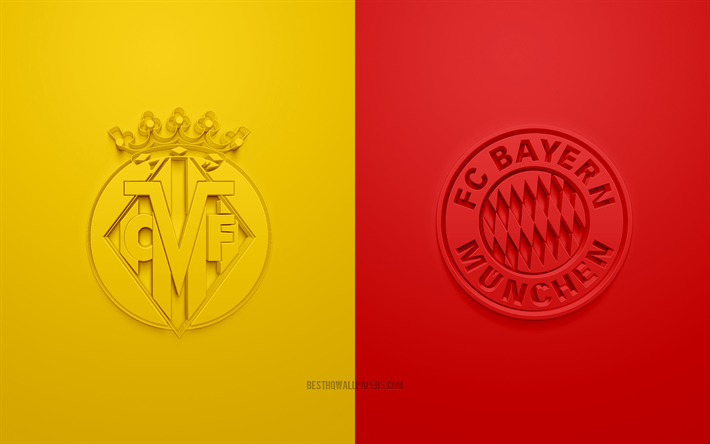 Villarreal vs FC Bayern Munich, 2022, UEFA Champions League, Quarterfinals, 3D logos, yellow red background, Champions League, football match, 2022 Champions League, Villarreal CF, FC Bayern Munich