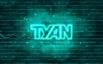 logo tyan turchese, 4k, muro di mattoni turchese, logo tyan, marchi, logo tyan neon, tyan