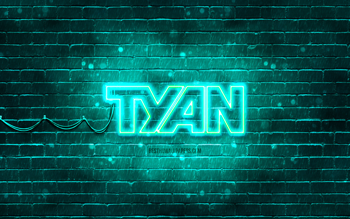 logo tyan turchese, 4k, muro di mattoni turchese, logo tyan, marchi, logo tyan neon, tyan