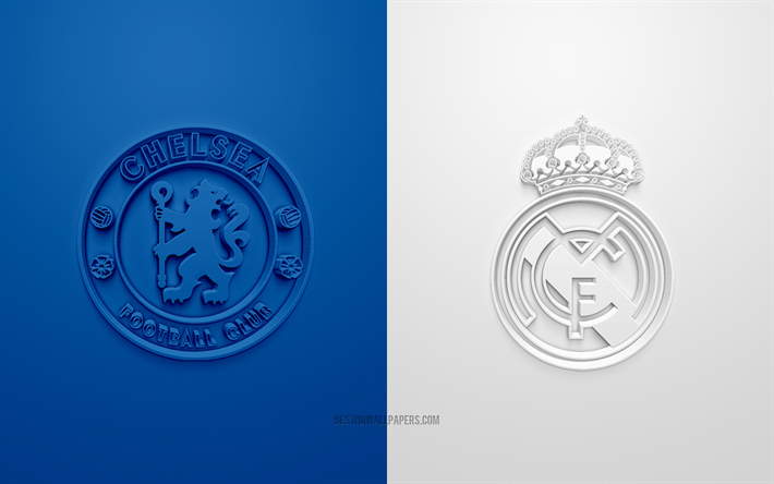 Chelsea FC vs Real Madrid, 2022, UEFA Champions League, Quarterfinals, 3D logos, blue and white background, Champions League, football match, 2022 Champions League, Chelsea FC, Real Madrid
