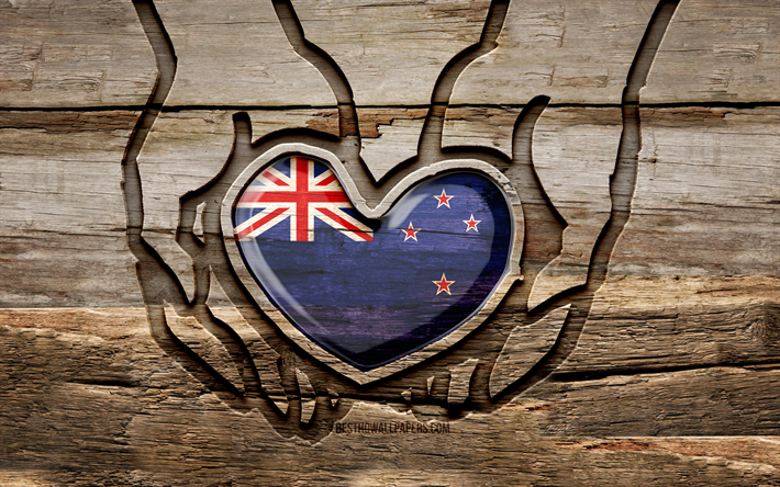 I love New Zealand, 4K, wooden carving hands, Day of New Zealand, New Zealand flag, Flag of New Zealand, Take care New Zealand, New Zealand flag in hand, Oceanian countries, New Zealand