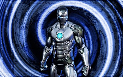 4k, Silver Foil Iron Man, blue grunge background, Fortnite, vortex, Fortnite characters, Silver Foil Iron Man Skin, Fortnite Battle Royale, Silver Foil Iron Man Fortnite