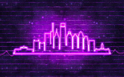 philadelphia violetti neon siluetti, 4k, violetti neon valot, philadelphia siluetti, violetti tiilisein&#228;, amerikkalaiset kaupungit, neon siluetit, usa, philadelphia