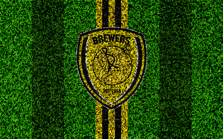 Burton Albion FC, 4k, calcio prato, logo, stemma, il club di calcio inglese, la Football League Championship, giallo, nero, linee, erba texture, Burton Upon Trent, in Inghilterra, il calcio