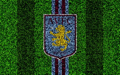Aston Villa FC, 4k, football lawn, logo, emblem, English football club, Football League Championship, blue violet lines, grass texture, Witton, Birmingham, United Kingdom, England, football