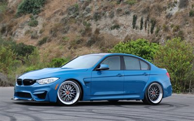 BMW M3, duruşu, F80, tuning, 2018 araba, mavi m3, Alman otomobil, BMW