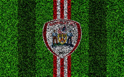 Barnsley FC, 4k, calcio prato, logo, stemma, il club di calcio inglese, la Football League Championship, rosso, bianco, linee, erba texture, Barnsley, Regno Unito, Inghilterra, calcio
