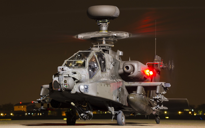 ダネルダグラス-AH-64Apache, helipad, 攻撃ヘリコプター, 夜, 米国陸軍, 戦闘機, AH-64Apache